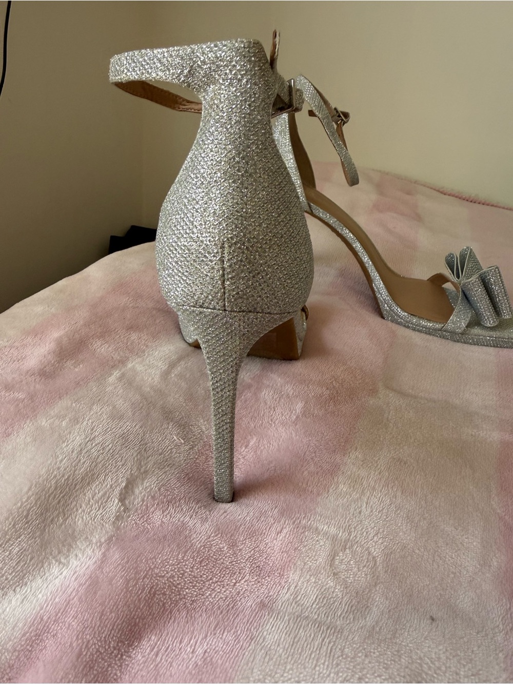 INC International Concepts Silver Glitter Bow Ankle-Strap Heels with Open Toe - Picture 4 of 5